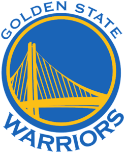 Golden State Warriors sports logos. In the shape of the gate in gold with a blue background.