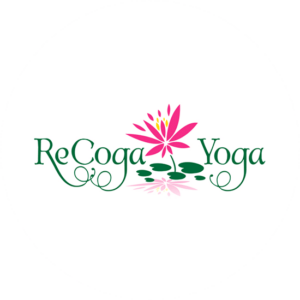 A lotus flower in pink in the middle of the name of the company. Spirituality for ReCoja Yoga