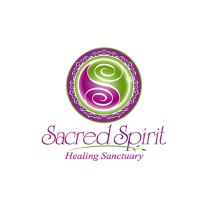 Spiritual logo design for Sacred Spirit. A circular logo in purple and green with swirls