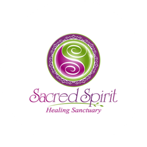 Spiritual logo design for Sacred Spirit. A circular logo in purple and green with swirls