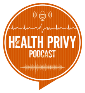 Health Privy Podcast logo in orange and with radio waves at the top and bottom of the circular logo