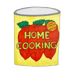 Home cooking famous podcast logo on a tin of food