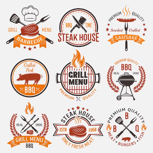 Different examples and ideas for BBQ logos. All have a bit of orange.