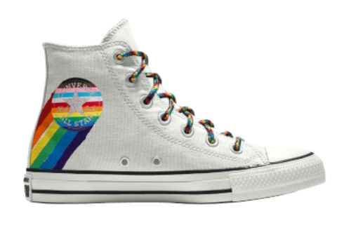 The converse white shoe with a rainbow logo