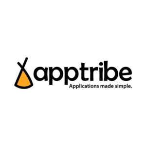 apptribe's simple logo in black font and yelloe tent looking symbol