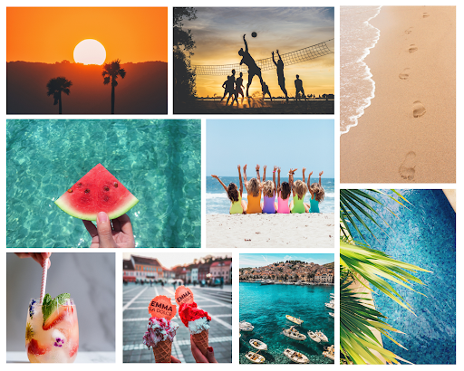 Different pictures that are depicting a summer feeling such as a beach, sunset or ice cream