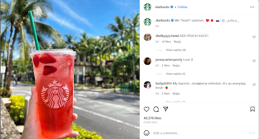 Starbucks pink drink and a nice sunny background. Brand awareness is made by it's own customers.