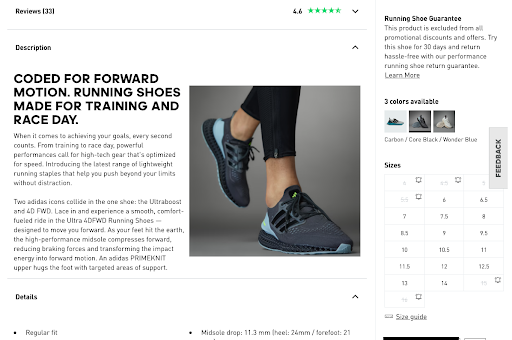 Adidas website that shows an attractive image of a black and blue training shoe and gathers relevant information to improve engagement.