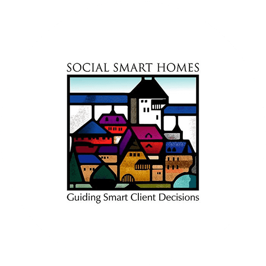 Square logo for Social Smart Homes. Little houses in different shapes. Looks like an old church window.