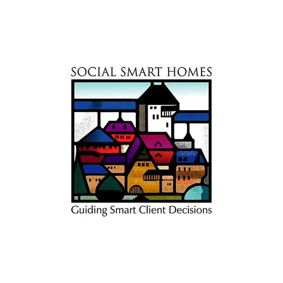 Square logo for Social Smart Homes. Little houses in different shapes. Looks like an old church window.