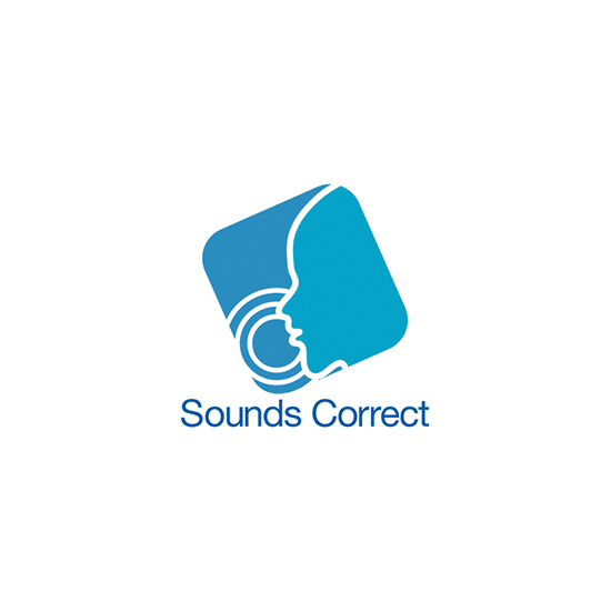 Sounds Correct is an all blue (different shades) square logo with the profile of a face and rings around the ear to symbolise hearing