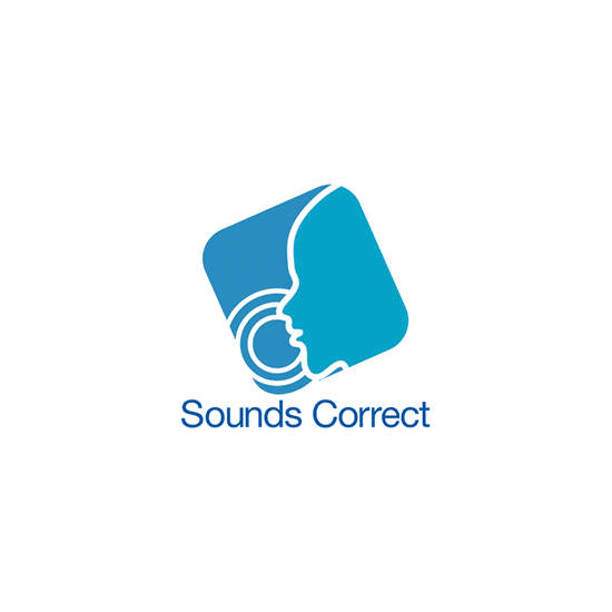 Sounds Correct is an all blue (different shades) square logo with the profile of a face and rings around the ear to symbolise hearing