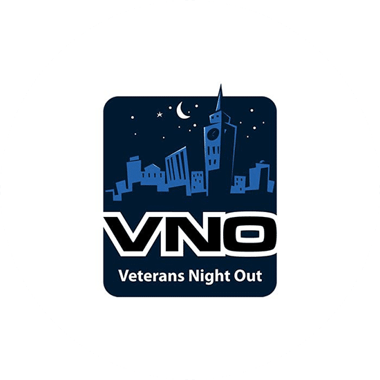 VNO stands for Veterans night out. A black and blue profile of New York City. Square logo that is very memorable.