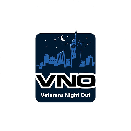 VNO stands for Veterans night out. A black and blue profile of New York City. Square logo that is very memorable.