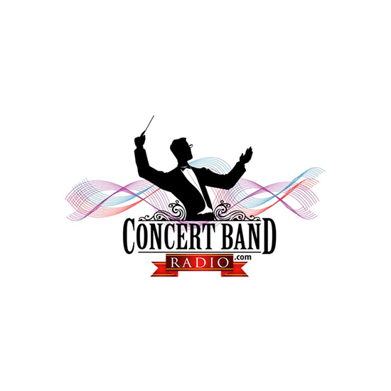 A logo called concert band. A man directing the orchestra