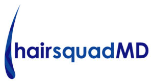 Hairsquad is a blue minimalistic hair logo design with a single hair on the left handmade of the font