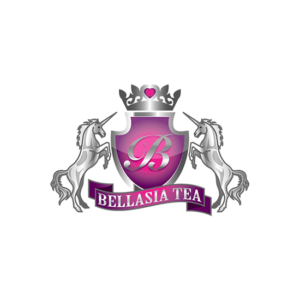 Feminine ribbon shaped logo for this Tea company. Two unicorn holding a crown and and a badge