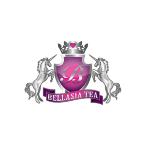 Feminine ribbon shaped logo for this Tea company. Two unicorn holding a crown and and a badge