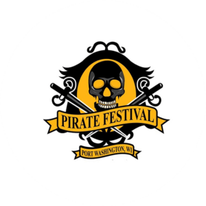 Pride Festival ribbon shaped logo. A pirate in black and orange background. The ribbon is for an even and it says Pirate Festival
