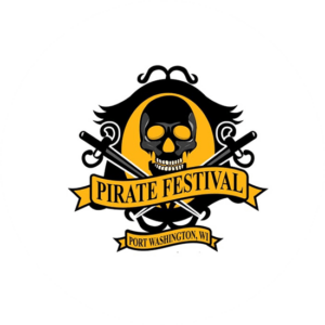 Pride Festival ribbon shaped logo. A pirate in black and orange background. The ribbon is for an even and it says Pirate Festival