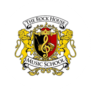 School logo with two ribbon shapes. Two lions holding up abadge. Royal looking logo for a music school
