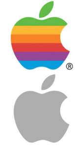 Two apples. One all grey and one in different colors. Rebranding Apple