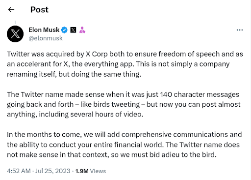 The Twitter text that Elon Musk made to explain why rebranding Twitter was a must.