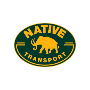 An elephant in ornage with huge tusks on a green background. Native Transports Oval Logo Design.