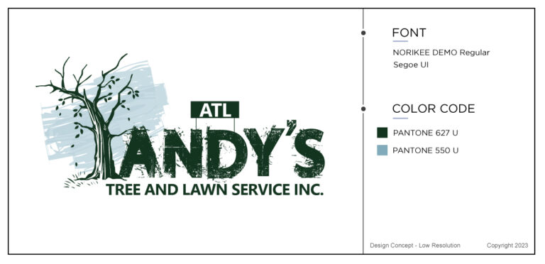 A tree that is ill and needs to be taken down. The final design for Andy's landscaping logo based on the brief that he filled out
