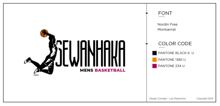 Sewanhaka case study for a sports logo where the basketball player is all in black and grey