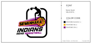 A badge shape with a black basketball player. Purple and orange back ground. Another example in this case study for a sports logo