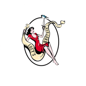 Lucy's Brother . A woman sitting on a banner that also becomes a swing. A feminine logo