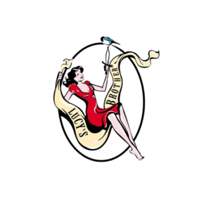 Lucy's Brother . A woman sitting on a banner that also becomes a swing. A feminine logo