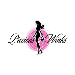 Precious wink design is a silhouette of a woman with a pink background