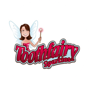 Tooth fairy character logo in the shape of a fairy and sparkles