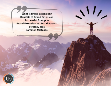 A person standing on top of a hill holding out his arms. Text on the left hand side about brands extension