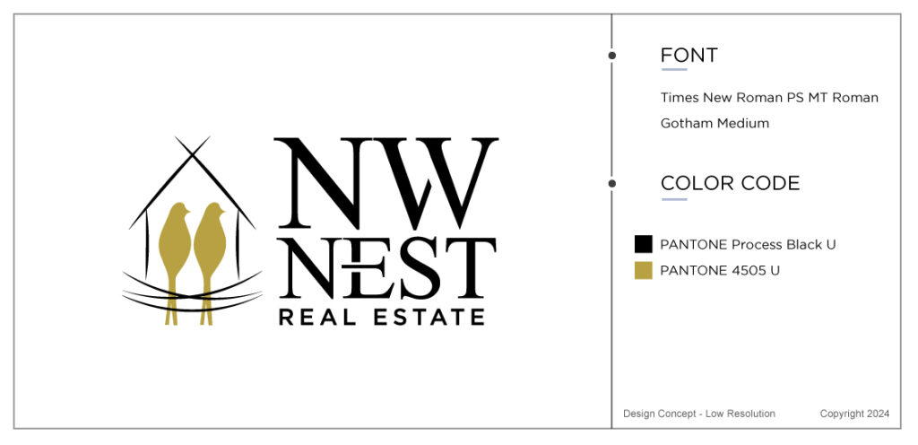 Two golden birds sitting inside a little bird house illustrating this case study for a real estate logo