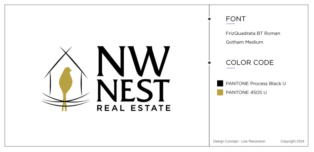 A case study for a real estate logo with one golden bird sitting in a house which is black