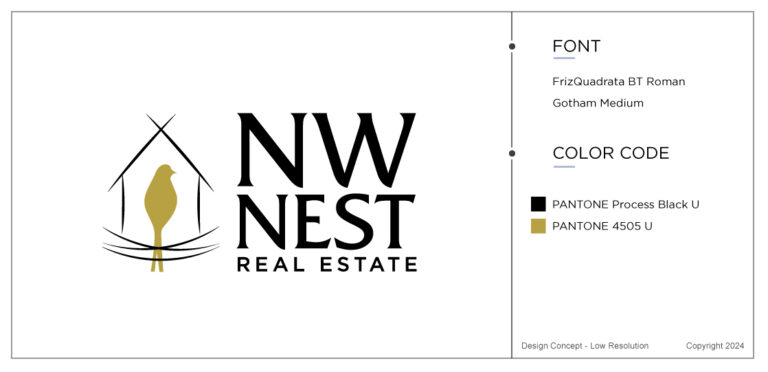 A case study for a real estate logo with one golden bird sitting in a house which is black