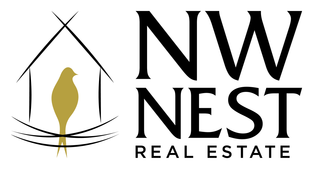 A case study for a real estate logo in reverse colors. White background and a gold bird
