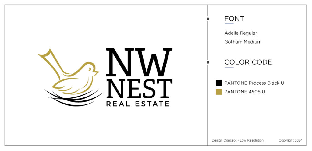 Cute golden bird in a nest. Real estate logo brief interpretation