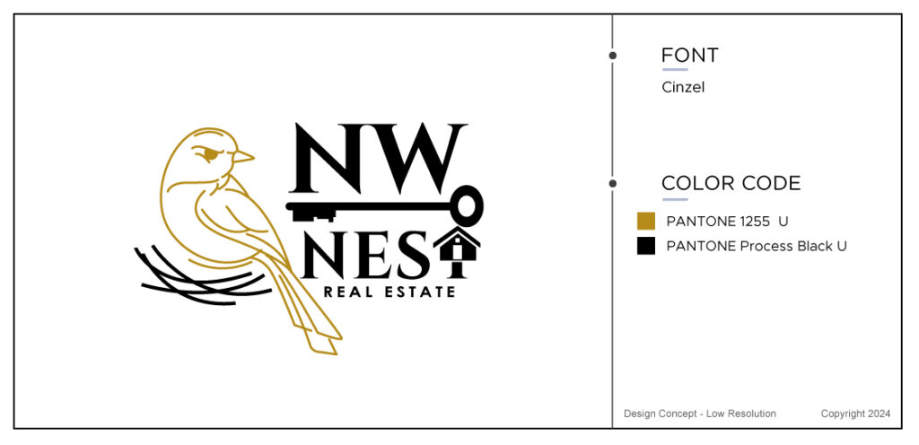 NW initial logo design concept with a gold bird on the left handmade. Black fat font. One logo born from the real estate logo brief