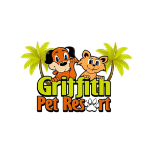 Pet resort with two animals looking happy in between two palm trees.