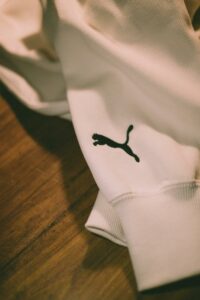 A Close-Up Shot of a White Puma Sweater with the cat logo