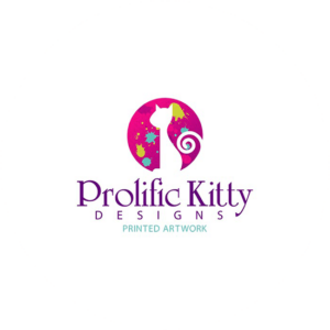 Profilic kitty a circular design in pink. Silhouette in white of a kitty