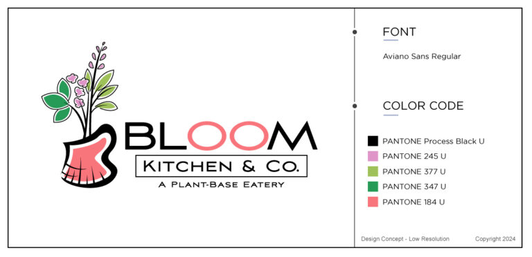 A few flowers sticking out of a vase with an eligible font in this case study for a food logo