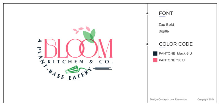 A pink font with little green leaves surrounding the letter OO's. Original concepts based on food logo brief