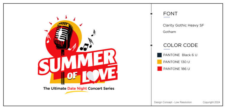 Summer of Love band logo design. Vibrant microphone in black and a yellow and red colored circles.