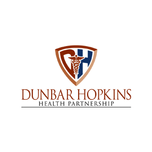 Dunbar Hopkins health care logo design in a blue and brown badge shape combination