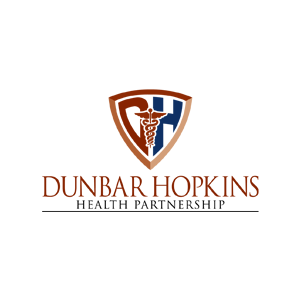 Dunbar Hopkins health care logo design in a blue and brown badge shape combination